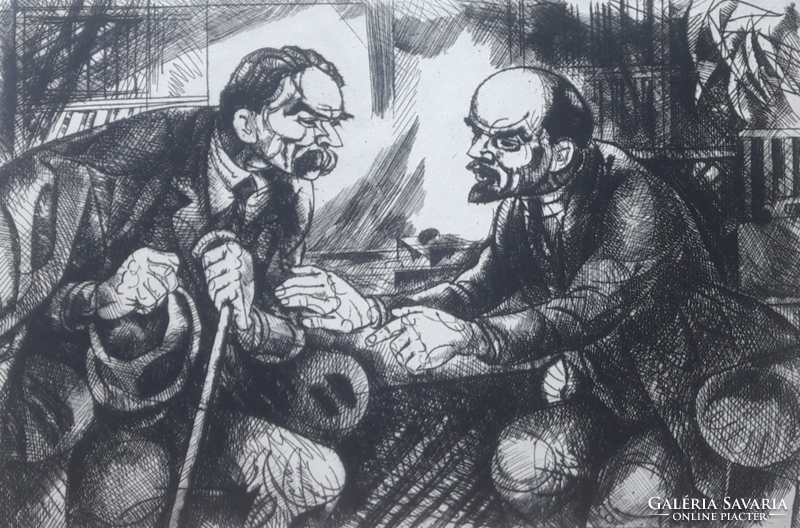 HINCZ GYULA: Lenin és Gorkij (rézkarc 40x28 cm, 1970) Lenin-mappa, szocializmus, kommunizmus