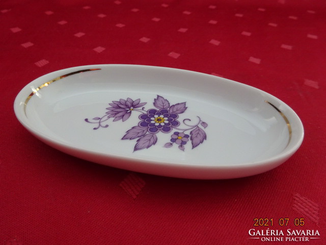 Hollóházi porcelán, lila virágos asztalközép, hossza 13 cm. Vanneki!