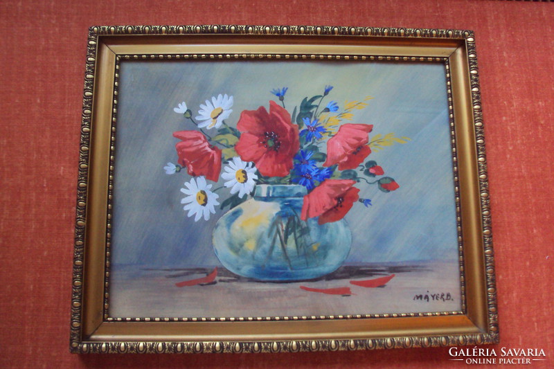 Old signed, very good quality field bouquet still life painting, original carved frame.N.