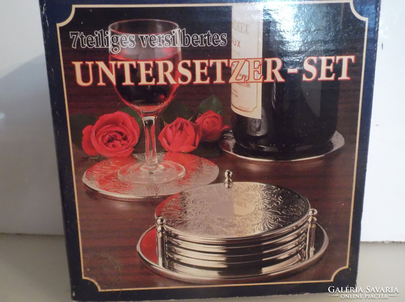 Coaster - silver-plated - 7 pcs + holder - engraved - in box - 9.5 cm - German