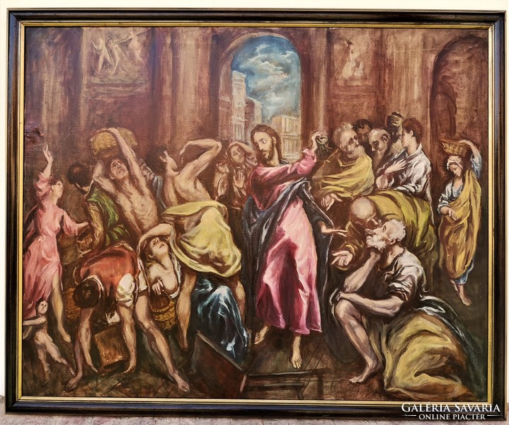 Vöröss Tibor (1911-1999) El Greco után kufárok kiűzetése másolat 60-as évek 114x93cm !