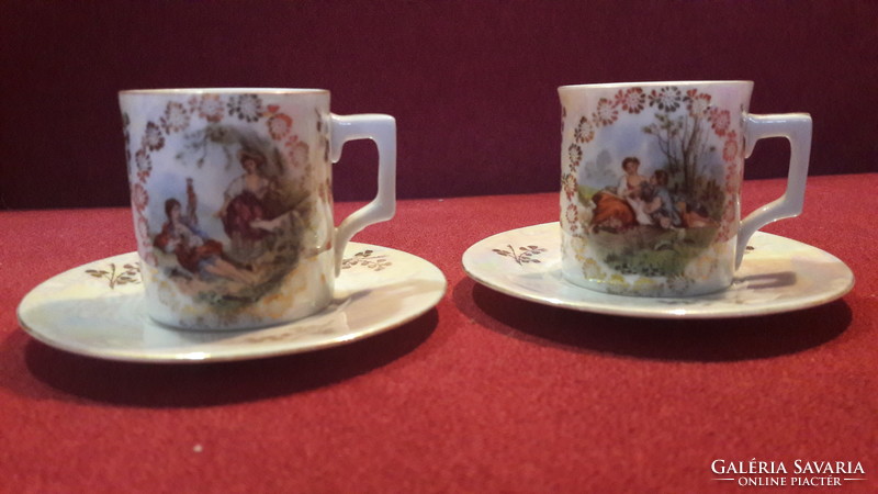 Pair of antique scenic, viable Victorian porcelain coffee cups