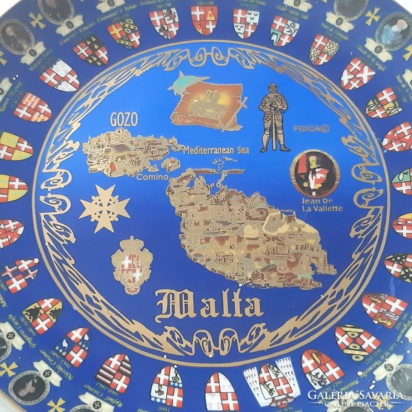 Málta porcelán dísztányér, kék, arany szín