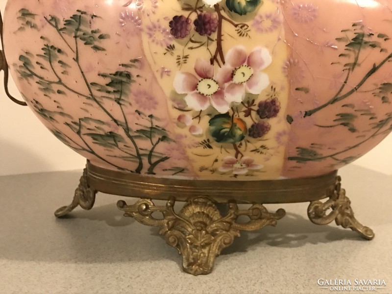 Antik opálüveg jardiniere rózsaszínű überfanggal, kézi festéssel