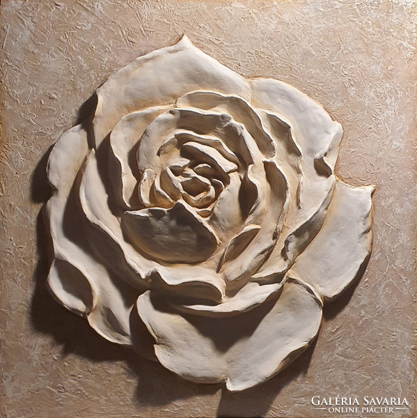 Rózsa dombormű, gipsz fára,46 cm x 46 cm,Molnár Gabriella