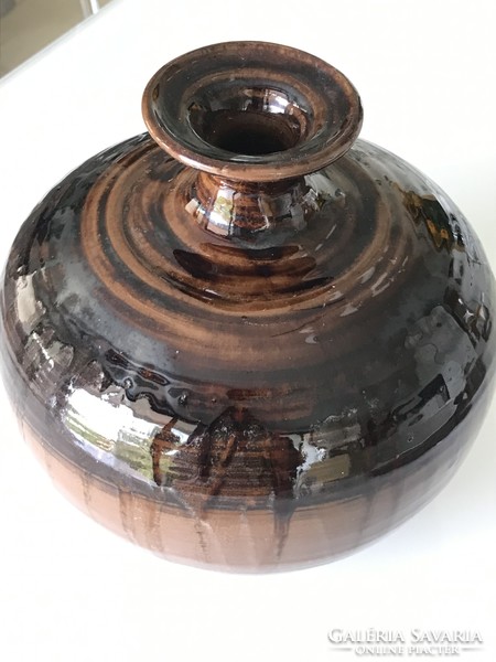 Retro kerámia váza csorgatott mázzal, irizáló fénnyel, 18 cm