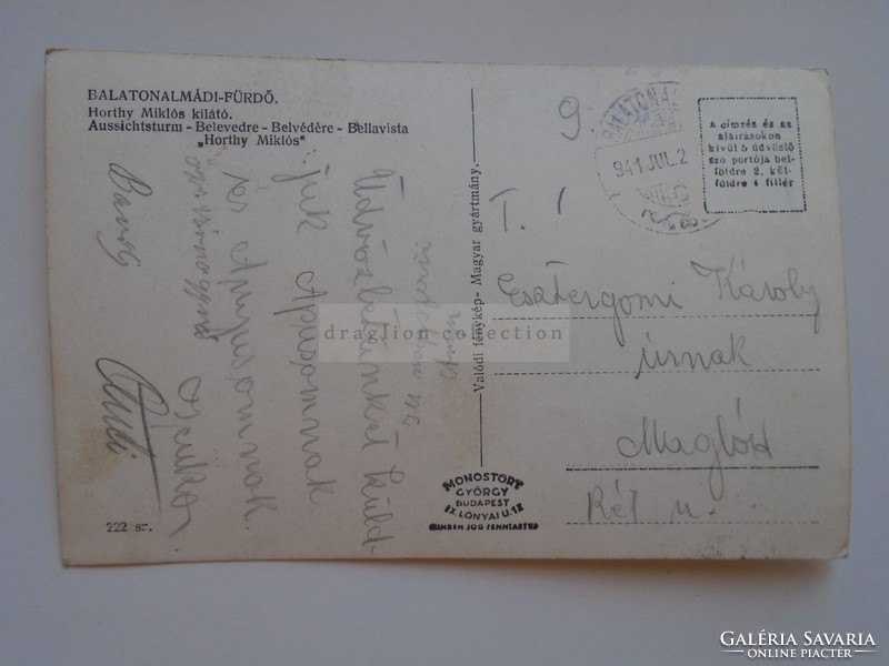G21.328   Régi képeslap  Balaton  Balatonalmádi fürdő  Horthy Miklós kilátó  Pu 1941