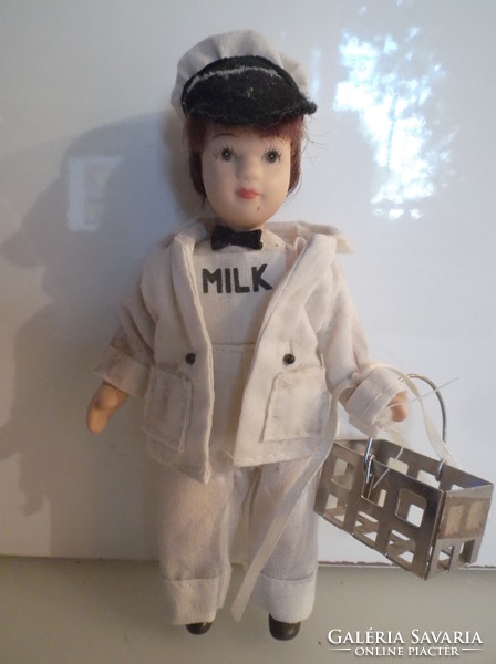 Porcelain doll - milk barrel boy - 14 x 8 cm - hand holding metal compartment - German