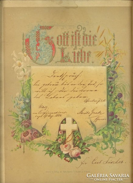 0M503 Antik német konfirmációs emléklap "AZ ISTEN SZERET" felirattal 1884