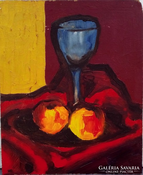Painting, still life with apples and glass