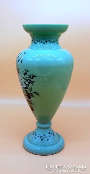 Antik Zöld Üveg Váza kézzel festett Virágcsokor dekorációval