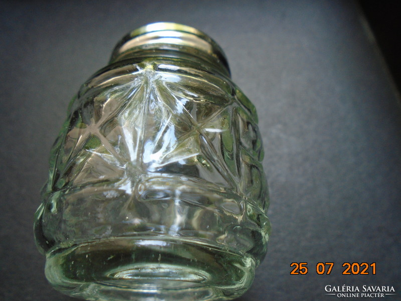 Embossed thick cast glass spice dispenser with threaded chrome cap