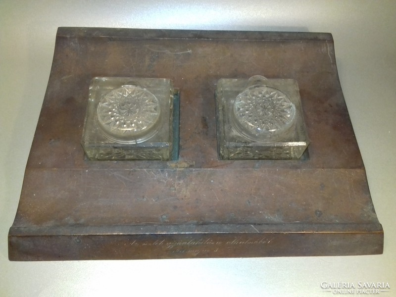 Antique large bronze inkwell with calamary glass inserts in patinated original condition