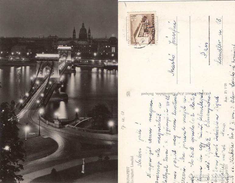 Budapest éjjel , kivilágított Lánchíd 1957 RK Magyar Hungary