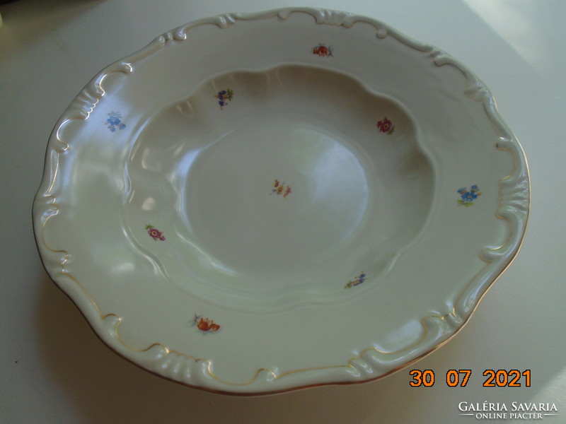 Zsolnay shield-sealed, gold-contoured deep plate with scattered floral pattern