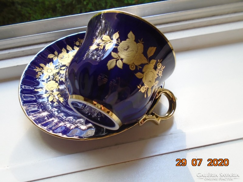 24 Karat gold echt cobalt markings with hand-painted gold rose pattern ribbed cup coaster