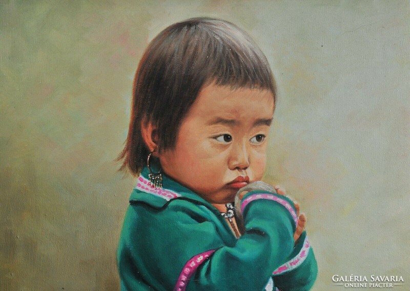 Egy mongol gyermek portréja, hagyományos ruhában "Vc. Rasil" aláírással, 1990