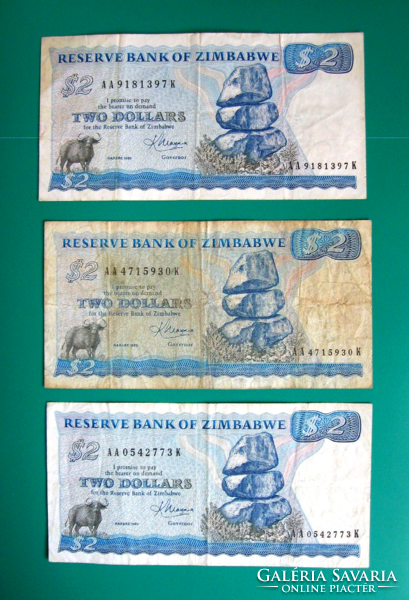 ZIMBABWE - 2 Dollár - 3 db-os Bankjegy lot  - AA sorozat - 1983