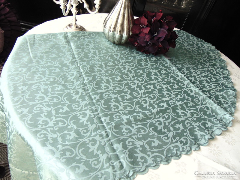 Álomszép elegáns olajfazöld selyemdamaszt asztalterítő 140 x 280 cm ! ovális