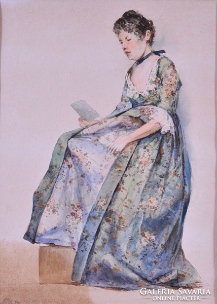 Egy fiatal hölgy ülő portréja, akvarell, 1890es évek