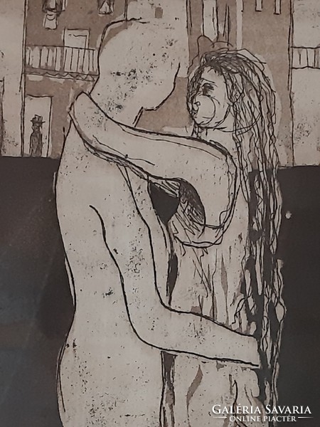 Szerelem. Rosetta Lavattup olasz művész gyönyörű szerelmespár rézkarca stílusos keretben