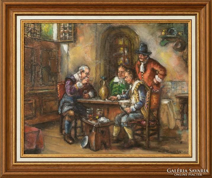 Oil painting by Károly Kassai - cardholders, with proof of originality!