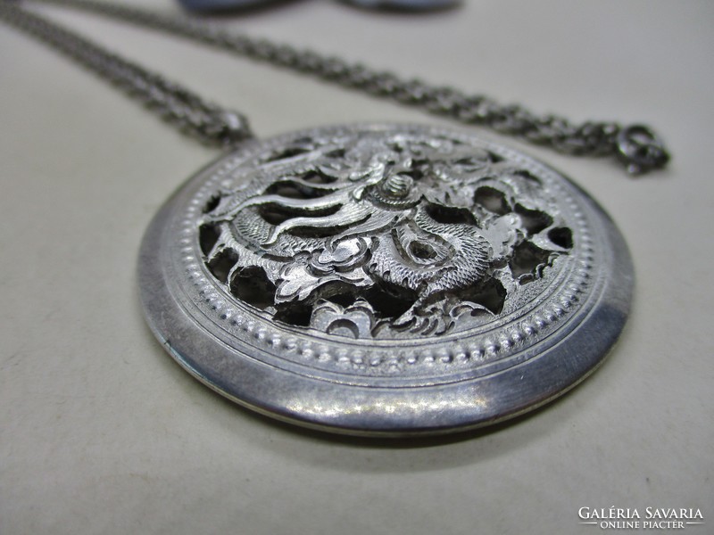 Szép antik ezüst nyaklánc nagy gyönyörű kézműves medállal 1930-40-es évek