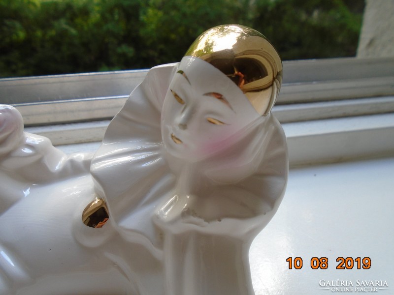 Art deco pierrot (sad clown) with rose, hand-painted, gilded porcelain