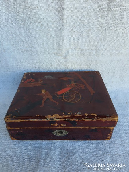 Antique Japanese hand-painted wooden jewelry box.