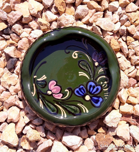 Hand painted, folk motif, ceramic, glazed ashtray in perfect condition, marked