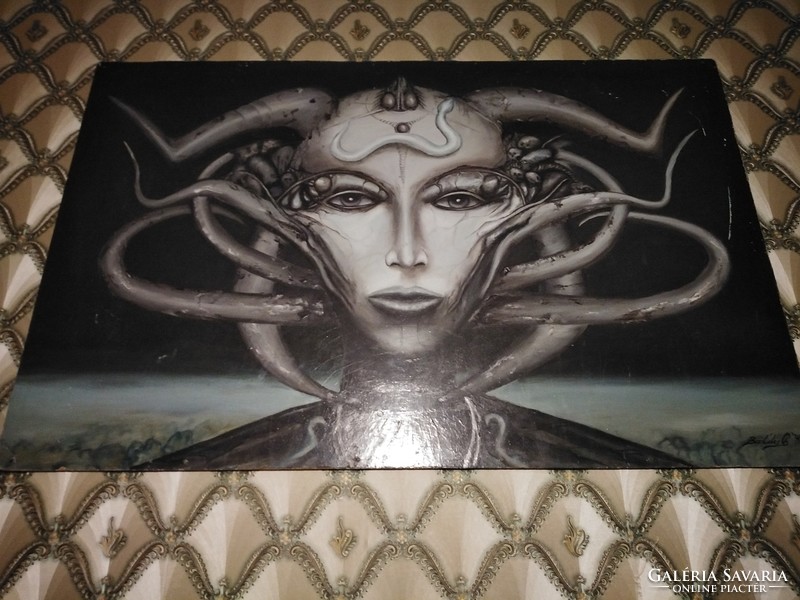 After H. R. Giger, a painting of an alien, brutally good, alien mystical creature, 99 x 66 cm