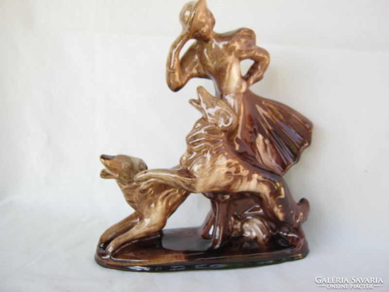 Retro ... Applied art ceramic sculpture of a woman with dogs