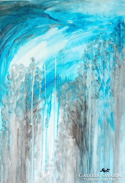 "Téli táj"  akvarell festmény, vászon, 70 x 50 cm, szignózott