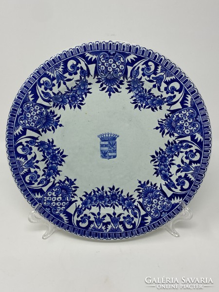 Antik Gien francia kobaltkék mintával és hercegi címerrel díszített fajansz faience tányér- CZ