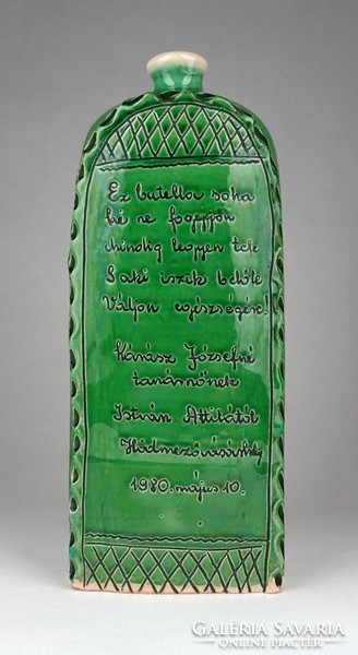 1F868 Nagyméretű zöld HÓDMEZŐVÁSÁRHELYI KÁRÁSZ JÓZSEFNÉ butellája ISTVÁN ATTILÁTÓL 25.5 cm