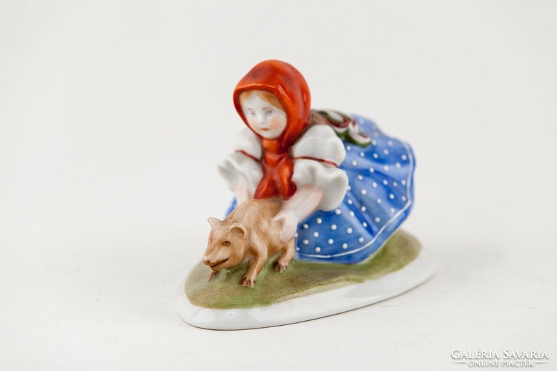 Herend, folk girl piggy will take antique hand-painted porcelain figurine, flawless! (P100)