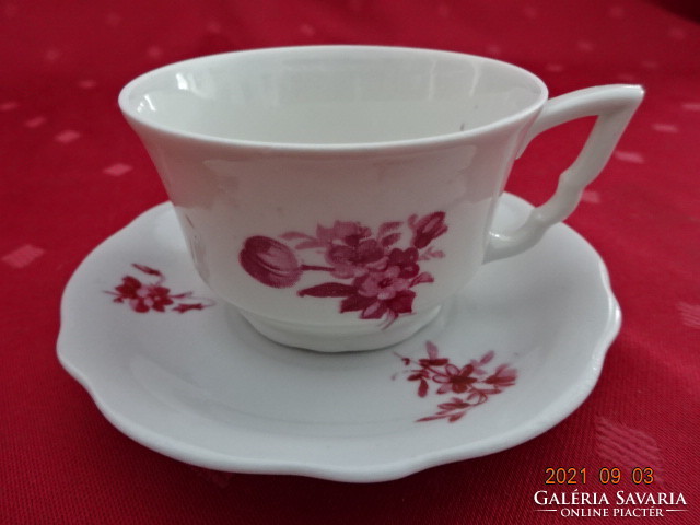 Zsolnay porcelain coffee cup with saucer + placemat, antique, shield-stamped, burgundy floral. He has!
