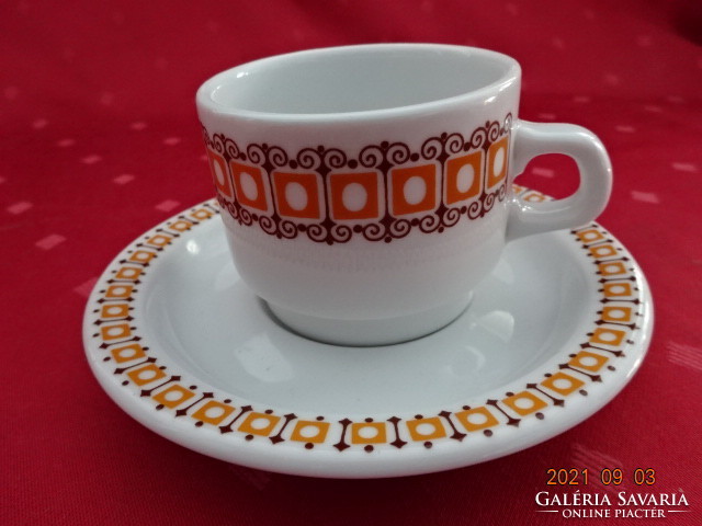 Lowland porcelain coffee cup + placemat, yellow checkered. He has!