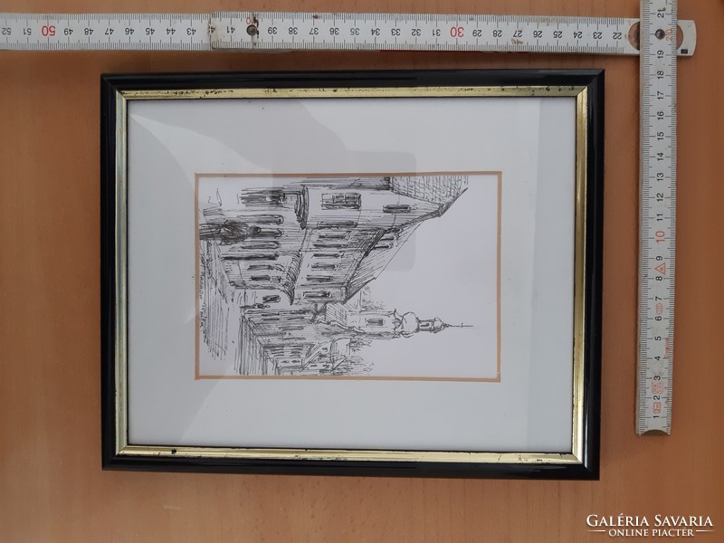 . Marked graphics, ink? / Etching? Picture frame.