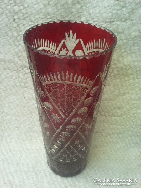 Beautiful, burgundy, polished crystal vase, rose pattern. Height: 32.5 cm. Cheaper!