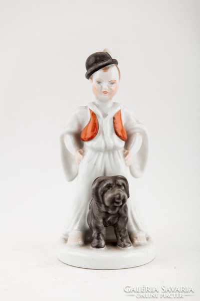 Herend, folk boy with puli dog, hand-painted 16 cm porcelain figurine, flawless! (P099)