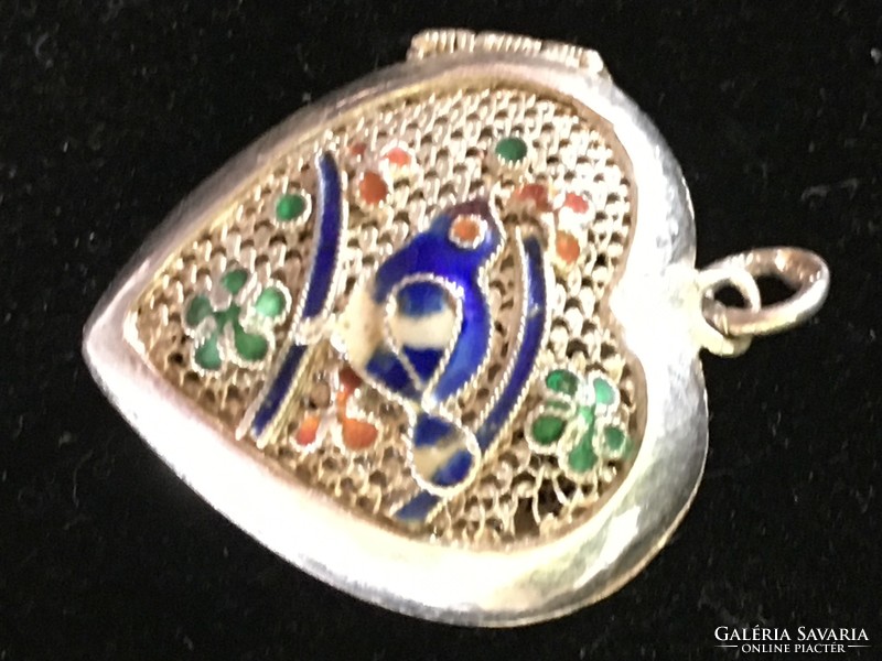 Silver heart decorated with pendant enamel - pre-1964 import mark-