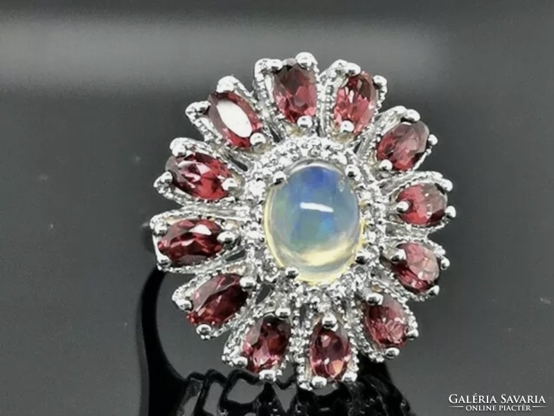 Fabulous rhodolite and Ethiopian opal, white topaz gemstone ring, size 54 925 silver new