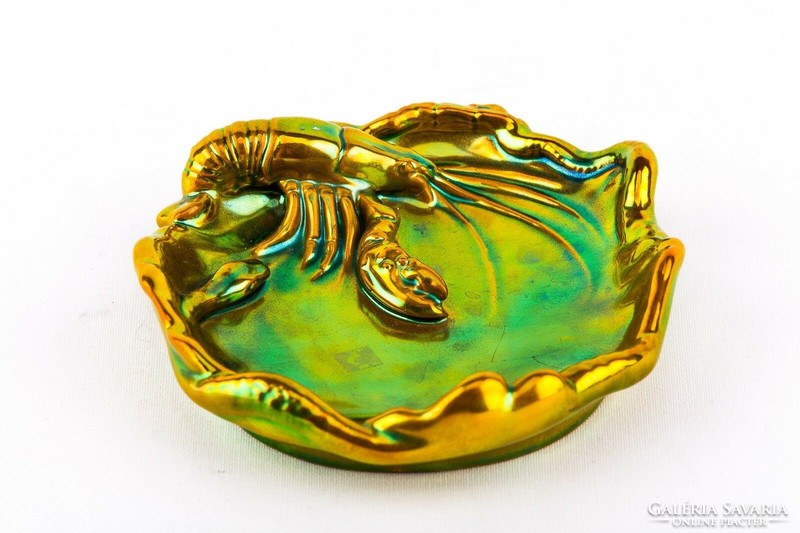 Zsolnay, lobster eosin green gold porcelain ashtray, flawless! (P168)