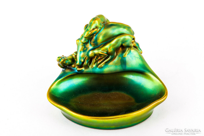 Zsolnay, hunting dog eosin green gold porcelain soap dish, flawless! (P185)