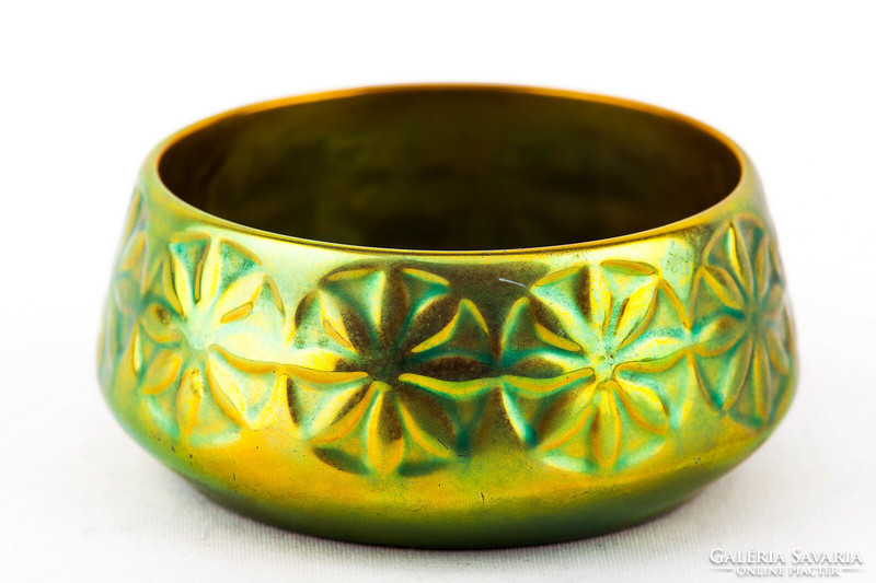 Zsolnay, circular art deco eosin green gold porcelain basket, flawless! (P176)