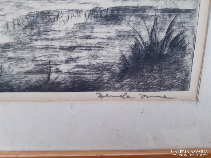 Imre Bende: landscape with cows, marked etching