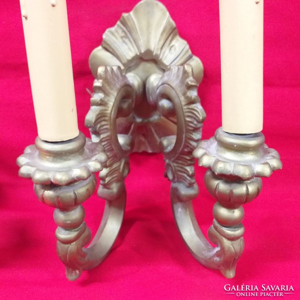 Pair of antique baroque carved wooden bifurcated wall sconces.