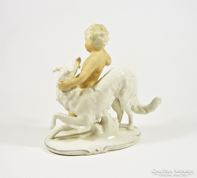 Schaubach kunst, putto little boy with English greyhound 15 cm porcelain figurine, flawless! (P189)