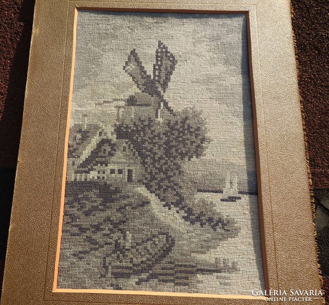 Different shades of gray --- needle tapestry landscape with mill - tapestry